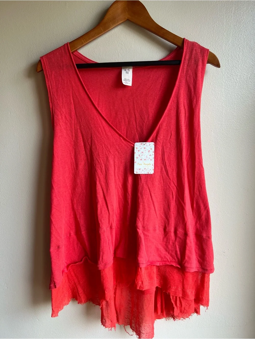 Free People We The Free Peachy Tank Top Small Hot Coral Layered Raw Hem NWT